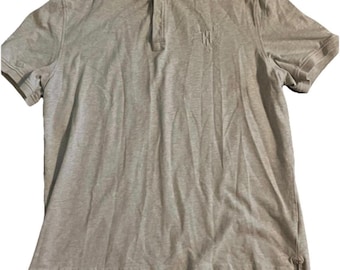 Sz XL Vintage Tommy Hilfiger Heather Gray Polo Shirt w Blue Denim Collar & Stitched Embroidered Logos 1990s