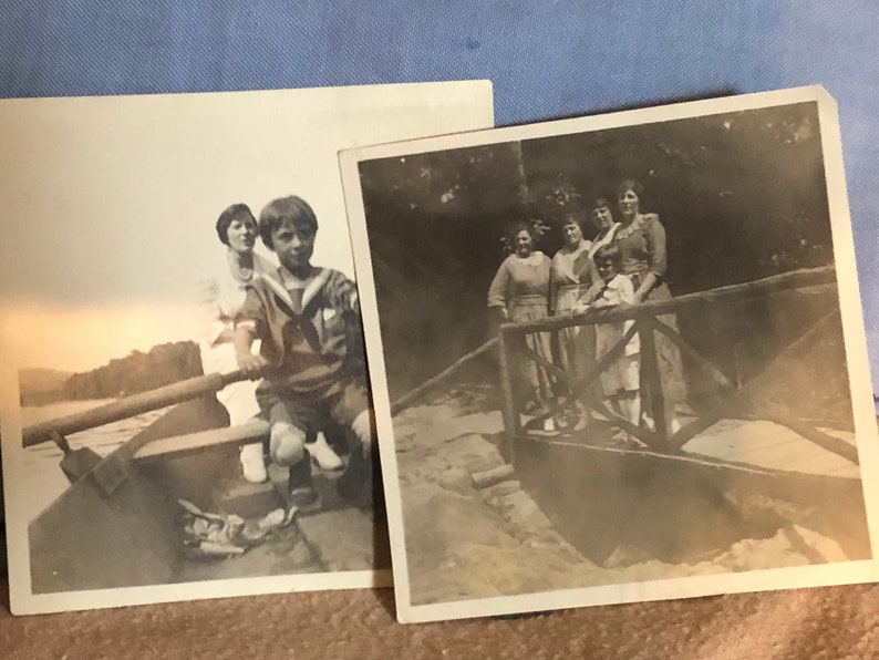 2 Antique Black /& White Photo Family Of 4 Adult Sisters and Boy On Lake In Boat;Landscape;Outdoors