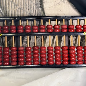 Antique LOTUS Flower Brand Wooden Abacus with Brass Trim & Bamboo Rungs; People’s Republic of China 1920s