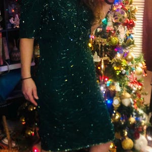 SALE! Sz Med 100% Indian Silk Art Deco Revival ,Emerald Green Micro-Beaded w Sequins Formal Sheath Dress w Back Slit and Opening in Back