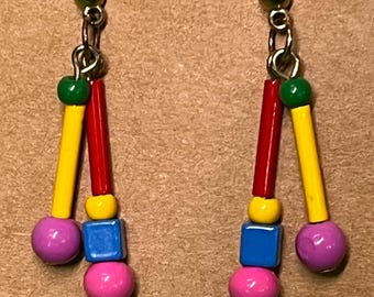 Vintage 1980s Silver Tone Colorful Building Block Dangle Earrings -Unique & Fun Fashion Jewelry