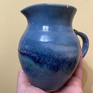 Vintage Pretty Blue Glazed Studio Stoneware Pottery Pitcher 5.75” Signed
