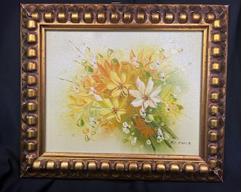 Beautiful Vintage Original Still Life Spring Flowers Oil Painting in Gold Wooden Ornate Frame, Signed Elinor
