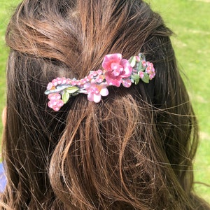 Vintage Pink , Green Molded Pewter & Metal Alloy Rhinestone and Enamel Floral /Flower Hair Clip