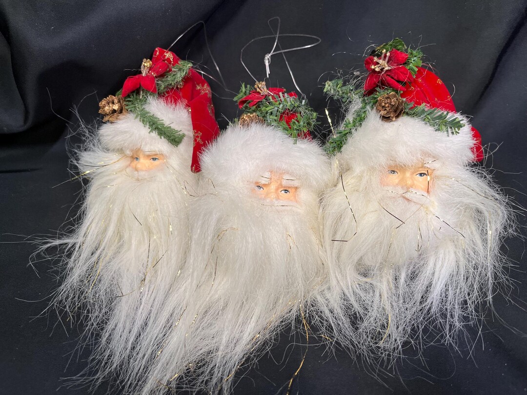 Vintage Set of 3 Vintage Furry/fuzzy Santa Head Christmas Ornaments W ...