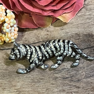 Vintage Pewter, Rhinestone, & Enamel Molded Tiger Brooch Pin