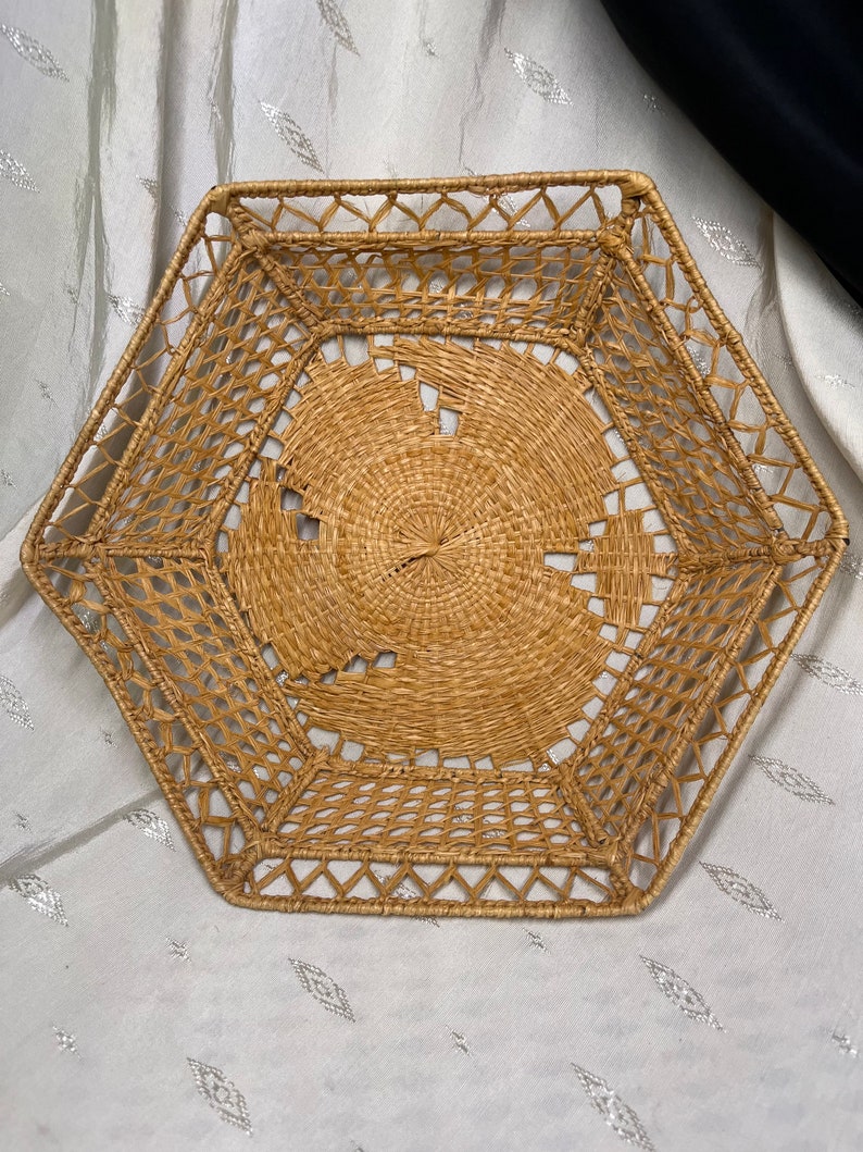 Vintage Tightly Woven Bamboo Hexagon Shaped Basket With Geometric 