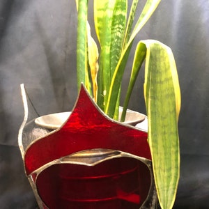 SALE! Beautiful Vintage Red, White, Clear Stained Leaded Glass Candle Holder, Planter, Decorative Box