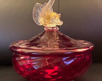 SALE! RARE, MINT Vintage Italian Murano Cherry Red Candy Dish w Lid & Bowl ;24k Gold Flake in a Hand Blown Crystal Glass Coy Fish  Topper