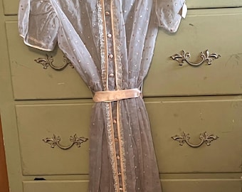 Antique 1930s Girls Sz8-10 Gray Tone Organza & Peach Satin Collared , Button Up Dress w Textured Polka Dots