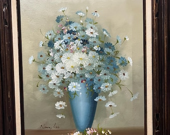 Beautiful Vintage MCM Oil Painting of a Blue Vase Full of Daisies & Pink Flowers by Artist Nancy Lee in Carved Wooden Frame