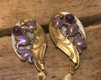 Unique Vintage Pewter , Copper, Enamel ,& Glass Gems Pierced Floral Tulip Earrings