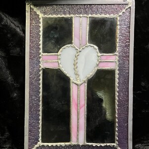 Vintage 12”x8” Stained Leaded Glass Panel ~Lavender, Pearly White Heart,& Pink Hanging Art Glass