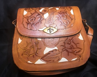 Vintage Genuine Master Hand Tooled Leather Saddle Bag w Roses; Tan and  White Shoulder Cross Body Floral Purse Western
