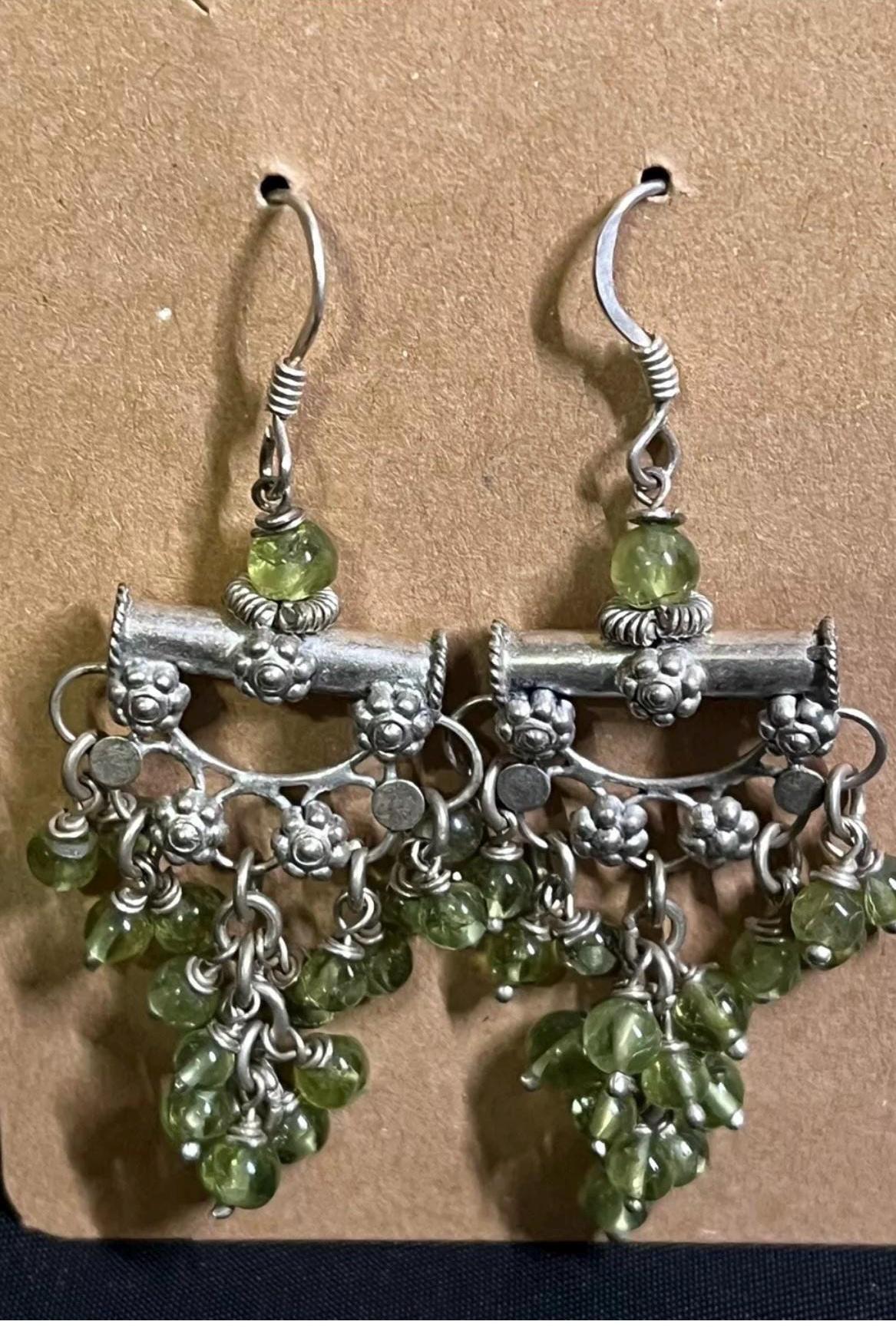 Vintage 925 Sterling Silver Green Hand Blown  Glass Chandelier Dangle Earrings ~Fine Boho Jewelry 2.5”
