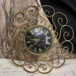 WORKING Vintage Brass GE General Electric / Telechron Decorative Wall Clock 1950s ~ Sun Burst Swirls