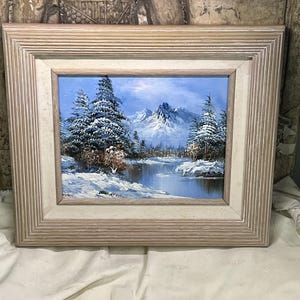 Vintage Original Oil on Wood Beautiful Mountain Scene In Rustic Wooden Frame ~Signed Fine Art