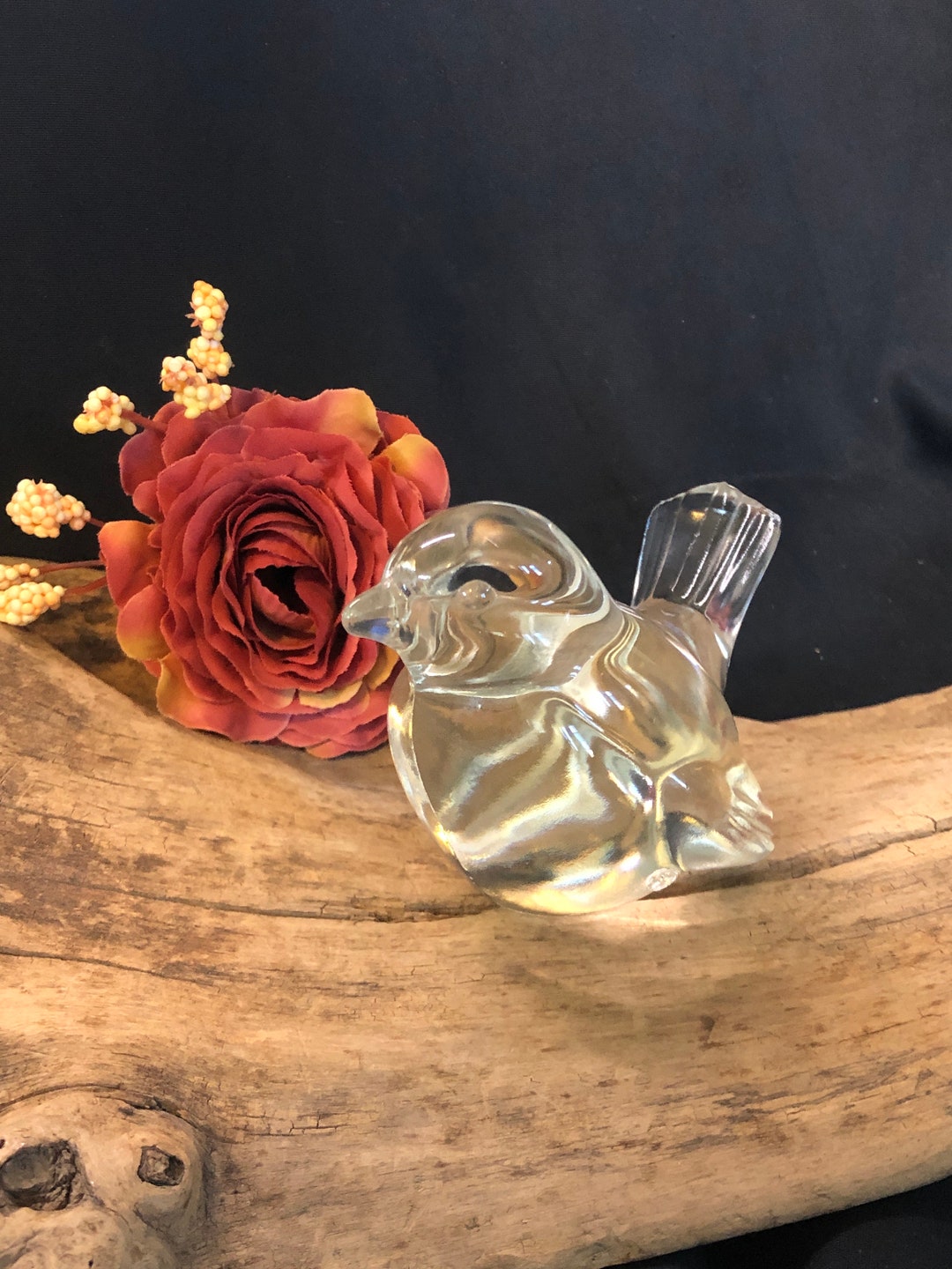 ヴィンテージサイン入りクリアアートガラスFENTON手吹き鳥の置物