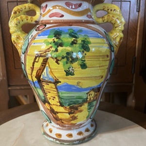 Vintage Signed Italian Countryside Hand Painted Majolica Vase w Handles