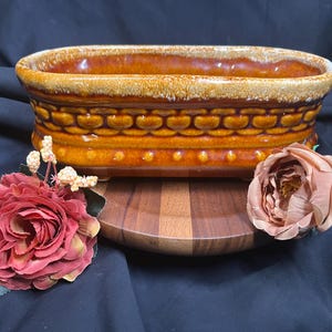 Vintage MCM 1960er Jahre Amber Brown Tropfglasur Strukturierter Keramik Steingut Pflanzgefäß für Bonsai Oder Andere Pflanzen