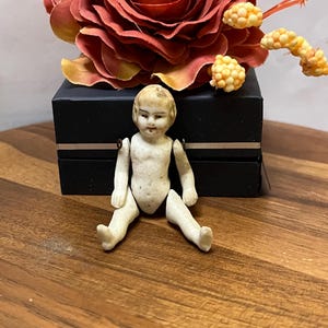 Antique 1800s Mini All-Bisque German Jointed Baby Doll Figurine w Blonde Hair