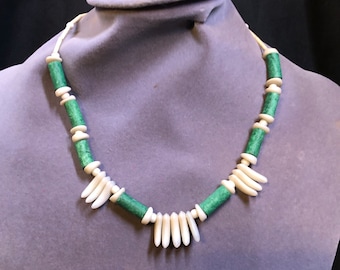Vintage 15.5” Malachite Tubes & Carved Oyster Shell Teeth Beaded Island Necklace