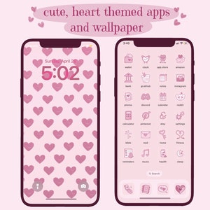 May include: A pink and white smartphone mockup with a heart-themed wallpaper and app icons. The wallpaper is a pattern of pink hearts on a white background. The app icons are all in a heart shape and have different colors. The phone displays the time as 5:02 and the date as Sunday, April 28.