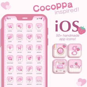 May include: A pink iPhone screen with a grid of app icons in a pink and white color scheme. The icons are stylized with a strawberry and white polka dot design. The text "Cocoppa inspired!" and "iOS 50+ handmade app icons!" is displayed above the phone screen.