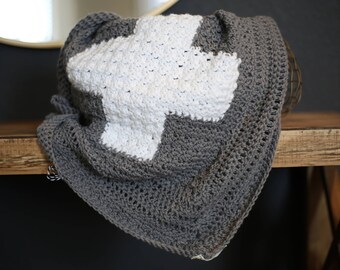 Crochet Baby Blanket Cross Design Charcoal Grey and White No.001