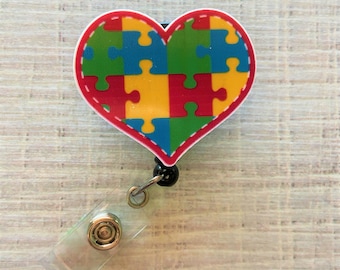 Heart Puzzle Piece Badge Reel, Autism Awareness Badge Reel, Acrylic Badge Reel, Nurse Badge Reel, Teacher Badge Reel, Badge Reel, ID Holder