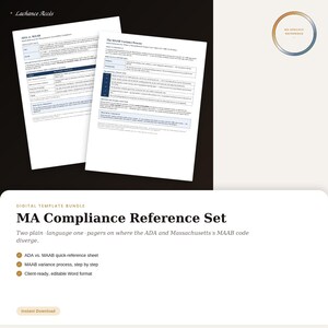 Könnte beinhalten: Ein digitales Vorlagenpaket mit dem Titel MA Compliance Reference Set, bestehend aus zwei weißen Dokumenten mit schwarzem Text. Ein Dokument trägt den Titel ADA vs. MAAB, das andere The MAAB Variance Process. Ein kreisförmiges Verlaufs-Icon ist oben rechts.