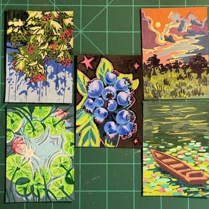May include: Five rectangular art prints featuring varied scenes: a floral arrangement, a cluster of blueberries with pink stars, a sunset landscape, a pond with lily pads and a pink flower, and a small wooden boat floating on a lily pad pond.