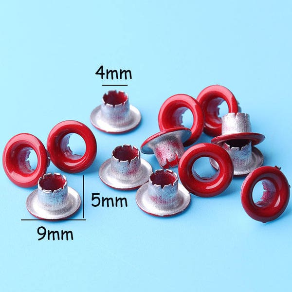 100pcs Primary Red Metal Eyelets 4mm Hole  3/16 inch METAL EYELETS Grommets . Aluminum Primary REd Colored Metal Eyelets 9*4*5mm