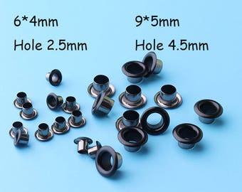 100pcs Tiny GUNMETAL Grommets Eyelets 2.5 or 4.5MM Hole Self Backing for Bead Cores, Clothes, Leather, Canvas9*5mm jy25