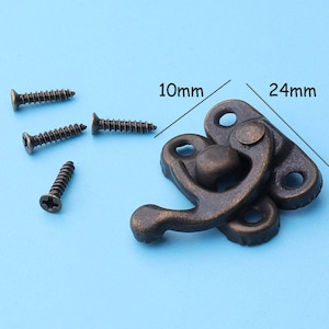 May include: Antique brass latch with a hook and a 24mm x 10mm size. The latch comes with four screws.