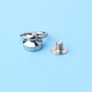May include: Silver metal ring with a round knob and a screw-on base. The ring is attached to a screw with a flat head.