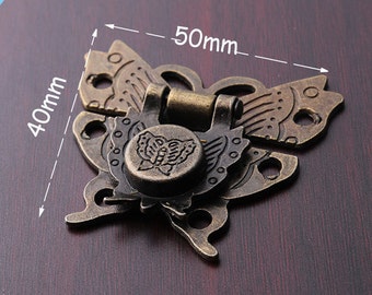 1set  antique bronze color "butterfly" lock latch ,small box hardware, jewelry box latch, gift boxes latches with button  lock 50*40mm