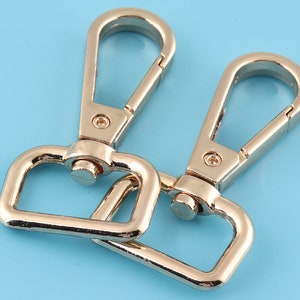 Könnte beinhalten: Zwei goldfarbene Metall-Schwenkverschlüsse mit einer rechteckigen Schlaufe. Die Verschlüsse sind zum Befestigen an Taschen, Riemen oder anderen Accessoires gedacht.