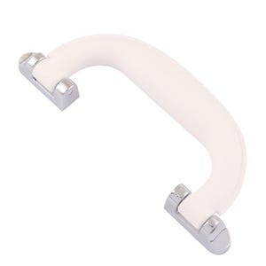 May include: White plastic handle with chrome metal accents. The handle is designed for carrying a suitcase or other luggage.