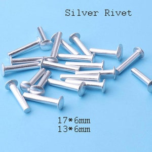 Puede incluir: Un montón de remaches de metal plateado, algunos con un diámetro de 17 mm y otros con un diámetro de 13 mm, todos con una longitud de 6 mm. El texto "Silver Rivet" está en la parte superior de la imagen y el texto "17*6mm 13*6mm" está en la parte inferior de la imagen.