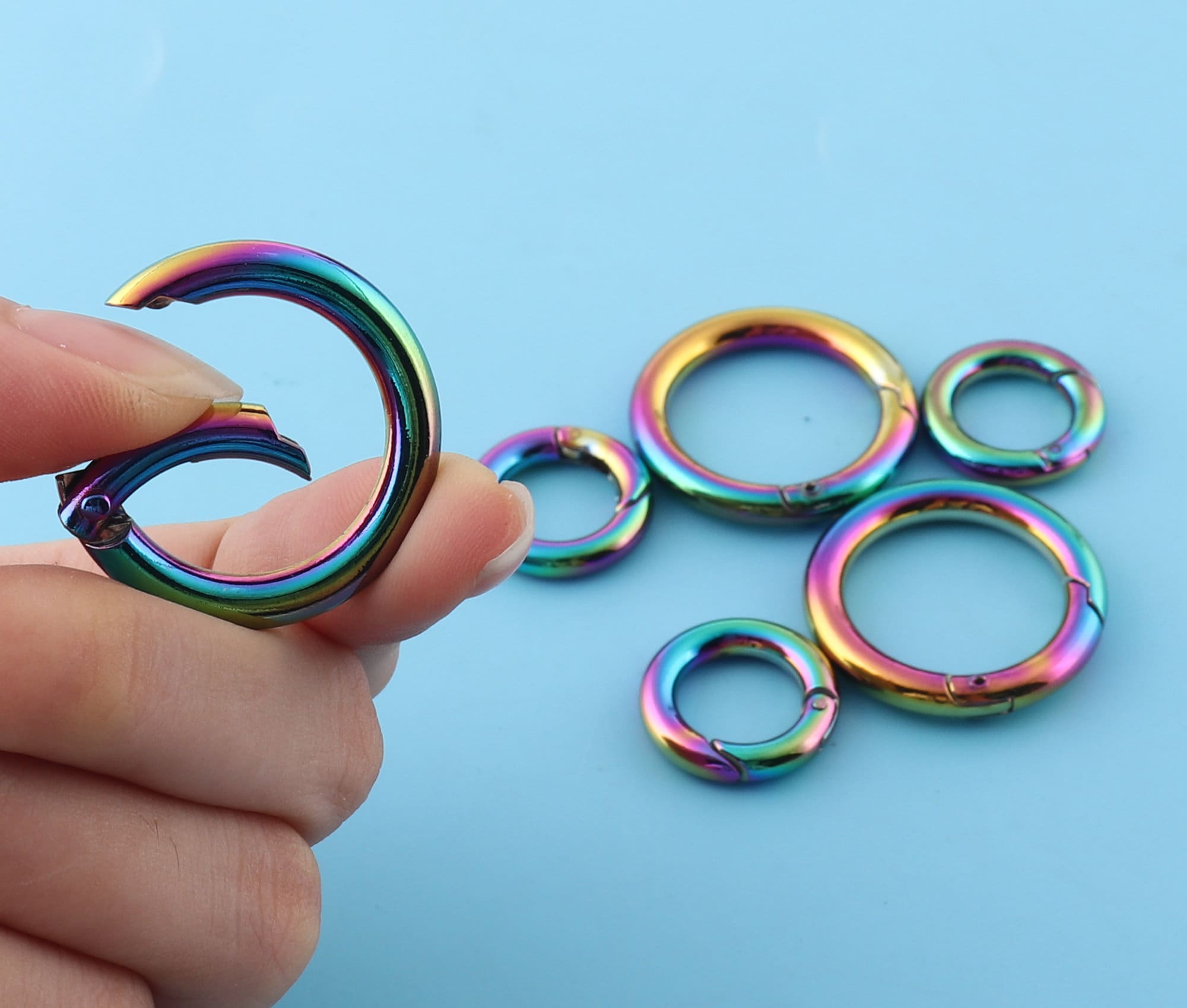 11mm/20mm,rainbow spring O rings metal snap hook,round carabiner,circle spring push gate rings fastener for bag strap 4pcs