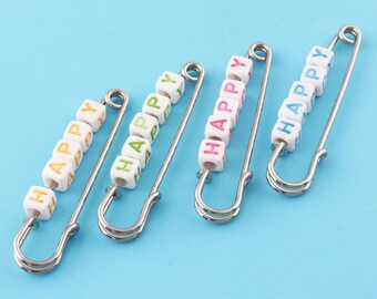 Large safety pins,brooch Kilt Pins With "HAPPY" Beads,Colorful safety Pins,57 mm 8 sets,metal safety pin