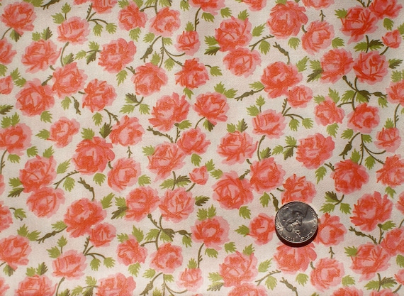 Vintage 1950s Cotton Fabric Orange Flowers on a Striped Background BTY