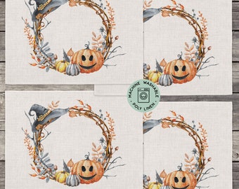 May include: Set of four Halloween-themed placemats featuring a wreath of branches, leaves, and a pumpkin with a smiling face. The placemats are made of a poly linen blend and are machine washable.