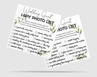 Wedding I Spy Photo Cards. A list of 30 photos that you want your guests to capture for you. Funny Wedding Reception Game. 10 cards per pack