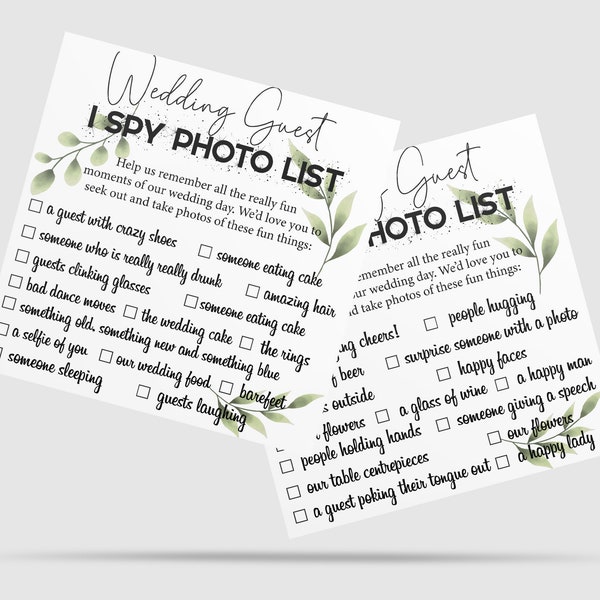 Wedding I Spy Photo Cards. A list of 30 photos that you want your guests to capture for you. Funny Wedding Reception Game. 10 cards per pack