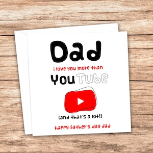 Papa, je t'aime plus que la carte Youtube. Carte datée personnalisée parfaite pour un père, un beau-père, impression de haute qualité