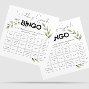 Bruiloft Speech Bingo Kaarten. Kruis een vakje af wanneer iemand de zin in een toespraak noemt. Grappig bruiloft receptie spel. 10 kaarten per verpakking.