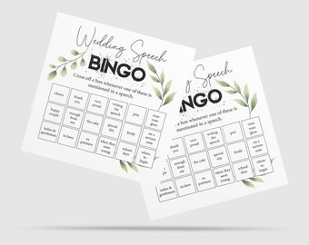 Wedding Speech Bingo Cards. Cross off a box when someone mentions the phrase in a speech. Funny Wedding Reception Game. 10 cards per pack.