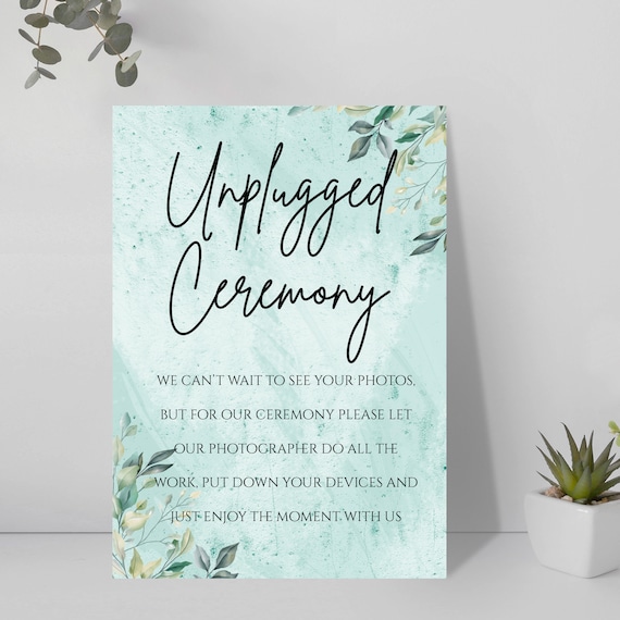 A4 Sage Green 'unplugged Ceremony' Wedding Sign High Quality